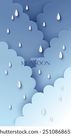 Illustration of Cloud and rain on dark background. heavy rain, rainy season. Monsoon. paper cut and craft style. vector, illustration.