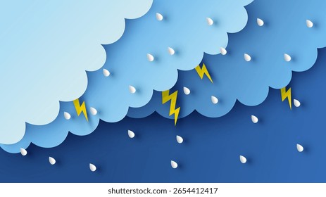 Illustration of Cloud and rain on dark background. heavy rain, rainy season, paper cut and craft style. vector, illustration.