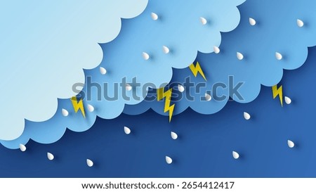 Illustration of Cloud and rain on dark background. heavy rain, rainy season, paper cut and craft style. vector, illustration.