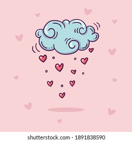 Illustration of cloud with rain of red hearts in doodle style on pink background