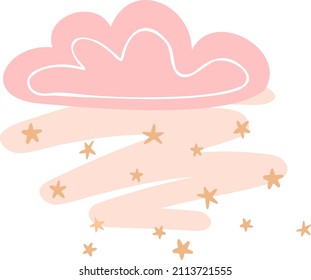 Ilustración de una nube y una lluvia de estrellas. Un estilo simple y bonito para los niños. Uso universal. Pegatina de pared, tarjeta, invitación, decoración de fiesta.