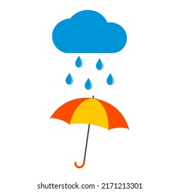 Illustration of a cloud with raindrops and an umbrella on a white background