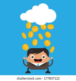 Illustration of cloud raining gold coins on happy business man
