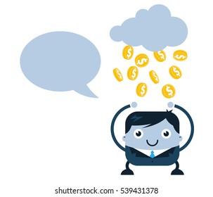 Illustration of cloud raining gold coins on happy business man
