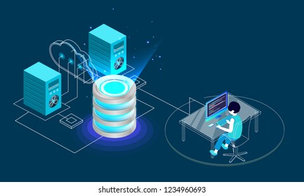 Illustration of cloud server connected to database, miniature analyst analysis the data. Data center concept based isometric design.