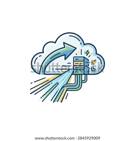 Illustration of a cloud with a server and data transfer arrows, representing cloud computing and data flow.