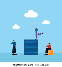 ilustración del equipo de protección del servidor en la nube. Los datos importantes se almacenan en servidores en la nube para mantenerlos a salvo de ataques de hackers.
