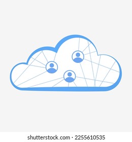 Ilustración de la nube que simboliza los datos de la nube y los iconos de la gente dentro, conectados por líneas, representando la colaboración y el trabajo en equipo en el lugar de trabajo facilitado por la tecnología en la nube.