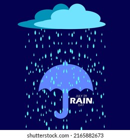 Illustration of a cloud that is raining with an umbrella and bold text on dark blue background, Rain Day July 29