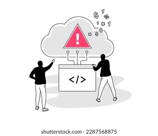 Illustration of cloud third-party threats symbol with two hackers using an insecure API to access a targeted server.