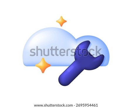 illustration of a cloud with a wrench symbol. Cloud server repair concept. Cloud storage under maintenance and repair. Technology maintenance. 3D style design. White background.