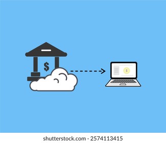 Illustration of cloud-based banking digital transfer. Bank icon sending money online to laptop, depicting financial technology, online transactions, banking services and financial technology.