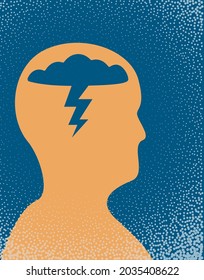 An illustration of a clouded mind depicting a person with a thunder cloud inside their head. Vector illustration.