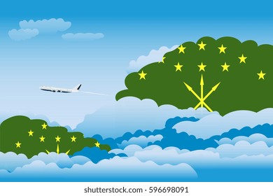 Illustration of Clouds, Clouds with Adygea Flags, Aeroplane Flying