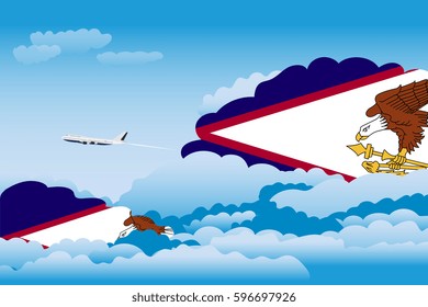Illustration of Clouds, Clouds with American Samoa Flags, Aeroplane Flying
