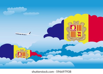 Illustration of Clouds, Clouds with Andorra Flags, Aeroplane Flying