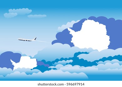 Illustration of Clouds, Clouds with Antarctica Flags, Aeroplane Flying