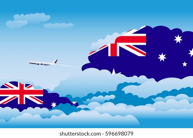 Illustration of Clouds, Clouds with Australia Flags, Aeroplane Flying