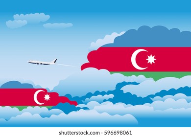 Illustration of Clouds, Clouds with Azerbaijan Flags, Aeroplane Flying