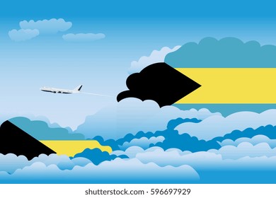 Illustration of Clouds, Clouds with Bahamas Flags, Aeroplane Flying