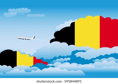 Illustration of Clouds, Clouds with Belgium Flags, Aeroplane Flying