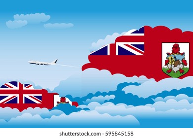 Illustration of Clouds, Clouds with Bermuda Flags, Aeroplane Flying