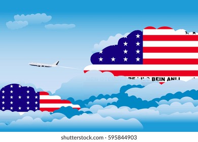 Illustration of Clouds, Clouds with Bikini Atoll Flags, Aeroplane Flying