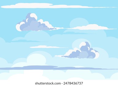 Illustration of Clouds in the Blue Sky. Background of bright wispy clouds in flat style. Cartoon cloud in a flat design