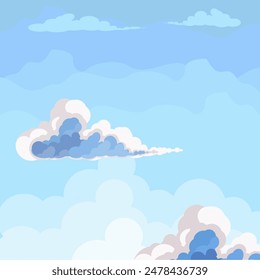 Illustration of Clouds in the Blue Sky. Background of bright wispy clouds in flat style. Cartoon cloud in a flat design