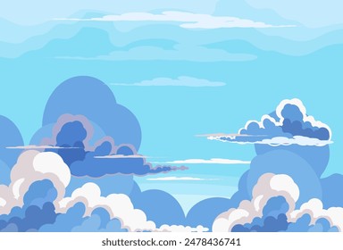 Ilustración de nubes en el cielo azul. Fondo de nubes brillantes y suaves en estilo plano. Nube de dibujos animados en un diseño plano