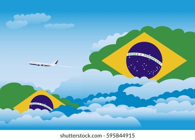 Illustration of Clouds, Clouds with Brazil Flags, Aeroplane Flying
