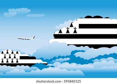 Illustration of Clouds, Clouds with Brittany Flags, Aeroplane Flying