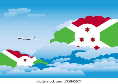 Illustration of Clouds, Clouds with Burundi Flags, Aeroplane Flying