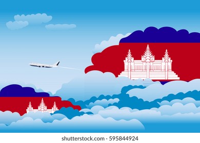 Illustration of Clouds, Clouds with Cambodia Flags, Aeroplane Flying