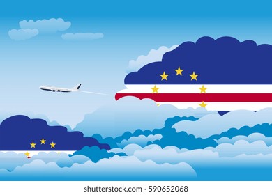 Illustration of Clouds, Clouds with Cape Verde Flags, Aeroplane Flying