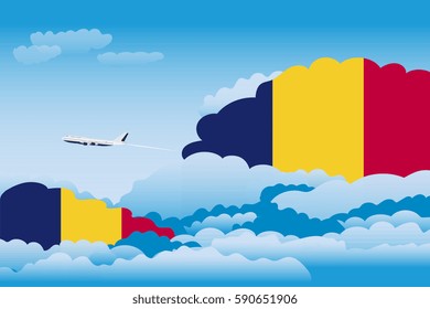 Illustration of Clouds, Clouds with Chad Flags, Aeroplane Flying