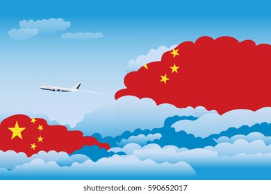 Illustration of Clouds, Clouds with China Flags, Aeroplane Flying