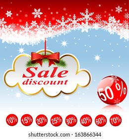 Illustration of clouds and Christmas balls. Sale, discounts. Set. Vector.