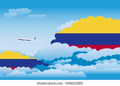 Illustration of Clouds, Clouds with Colombia Flags, Aeroplane Flying