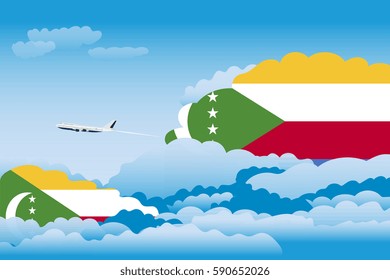 Illustration of Clouds, Clouds with Comoros Flags, Aeroplane Flying