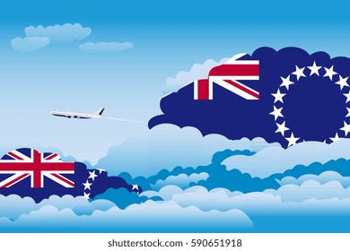 Illustration of Clouds, Clouds with Cook Islands Flags, Aeroplane Flying