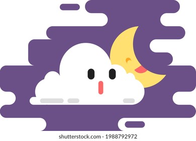 illustration of clouds and crescent moon at night, cute character in flat design vector style