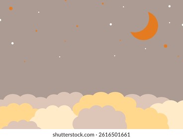 Illustration of clouds and a crescent moon in the night sky