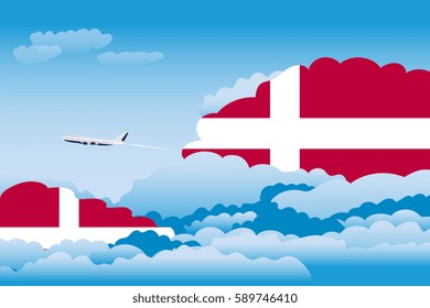 Illustration of Clouds, Clouds with Denmark Flags, Aeroplane Flying