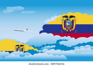 Illustration of Clouds, Clouds with Ecuador Flags, Aeroplane Flying
