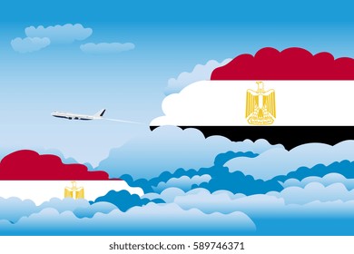 Illustration of Clouds, Clouds with Egypt Flags, Aeroplane Flying