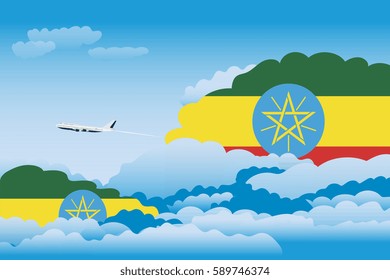 Illustration of Clouds, Clouds with Ethiopia Flags, Aeroplane Flying