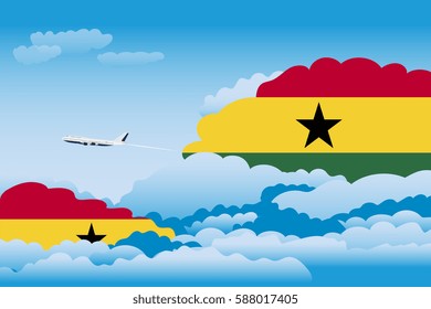 Illustration of Clouds, Clouds with Ghana Flags, Aeroplane Flying