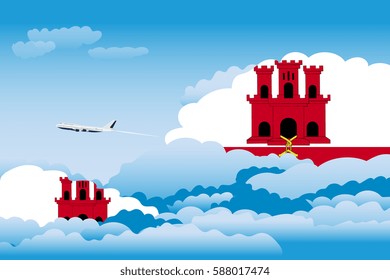 Illustration of Clouds, Clouds with Gibraltar Flags, Aeroplane Flying