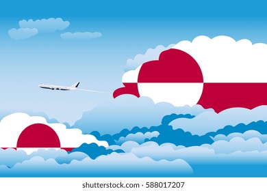 Illustration of Clouds, Clouds with Greenland Flags, Aeroplane Flying